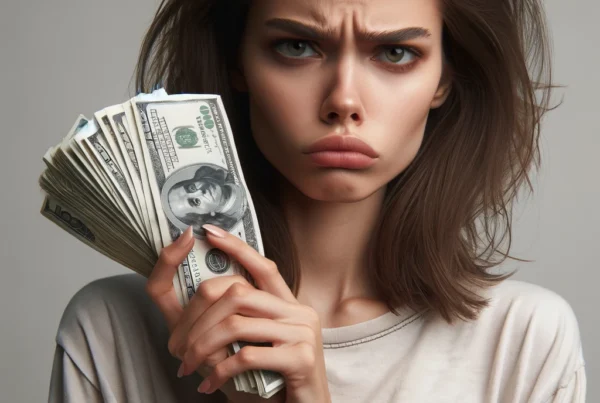 Frowning millennial, upset because she needs money but is not good at saving it.