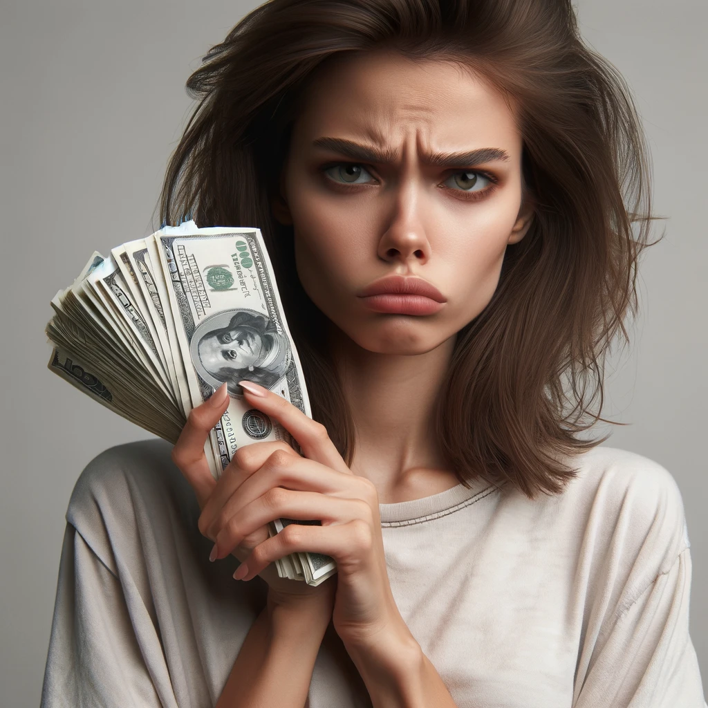 Frowning millennial, upset because she needs money but is not good at saving it.