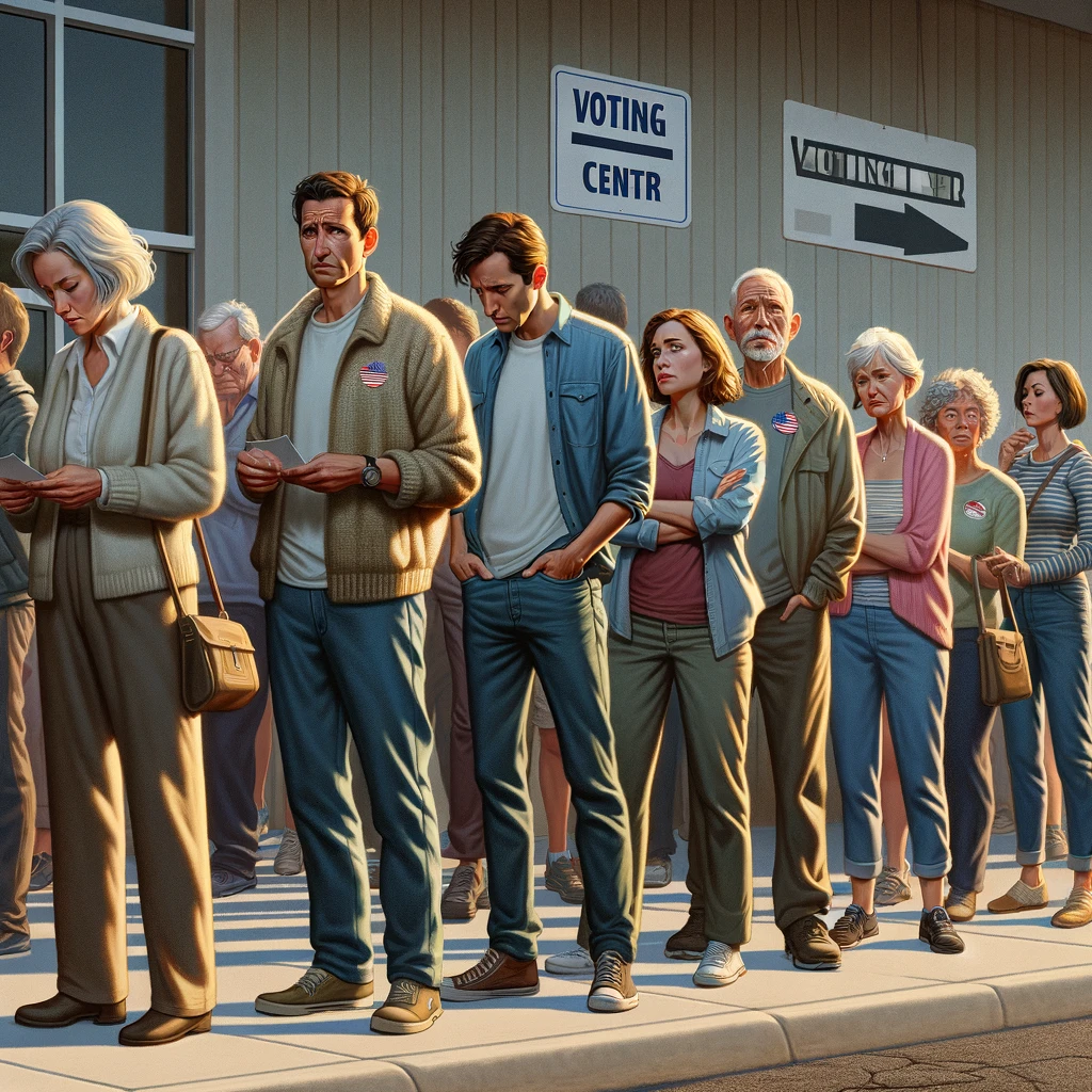 A line of people in front of a voting center during election season.