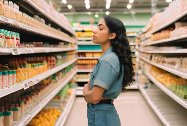 Sad millennial woman standing in a grocery store aisle with empty shelves.