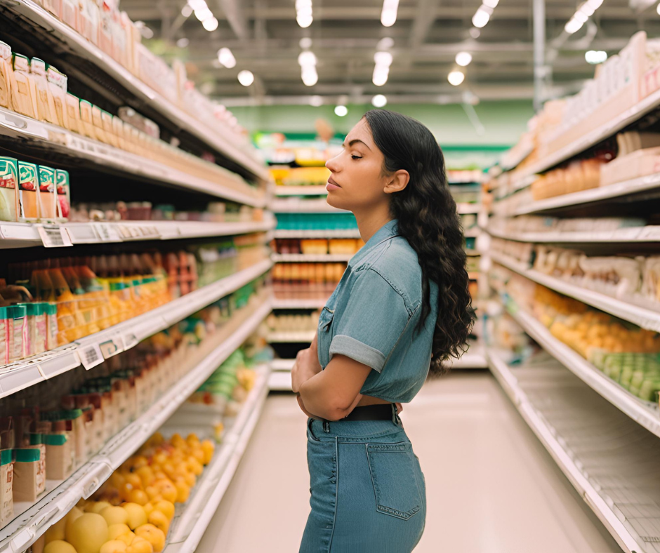 Sad millennial woman standing in a grocery store aisle with empty shelves.